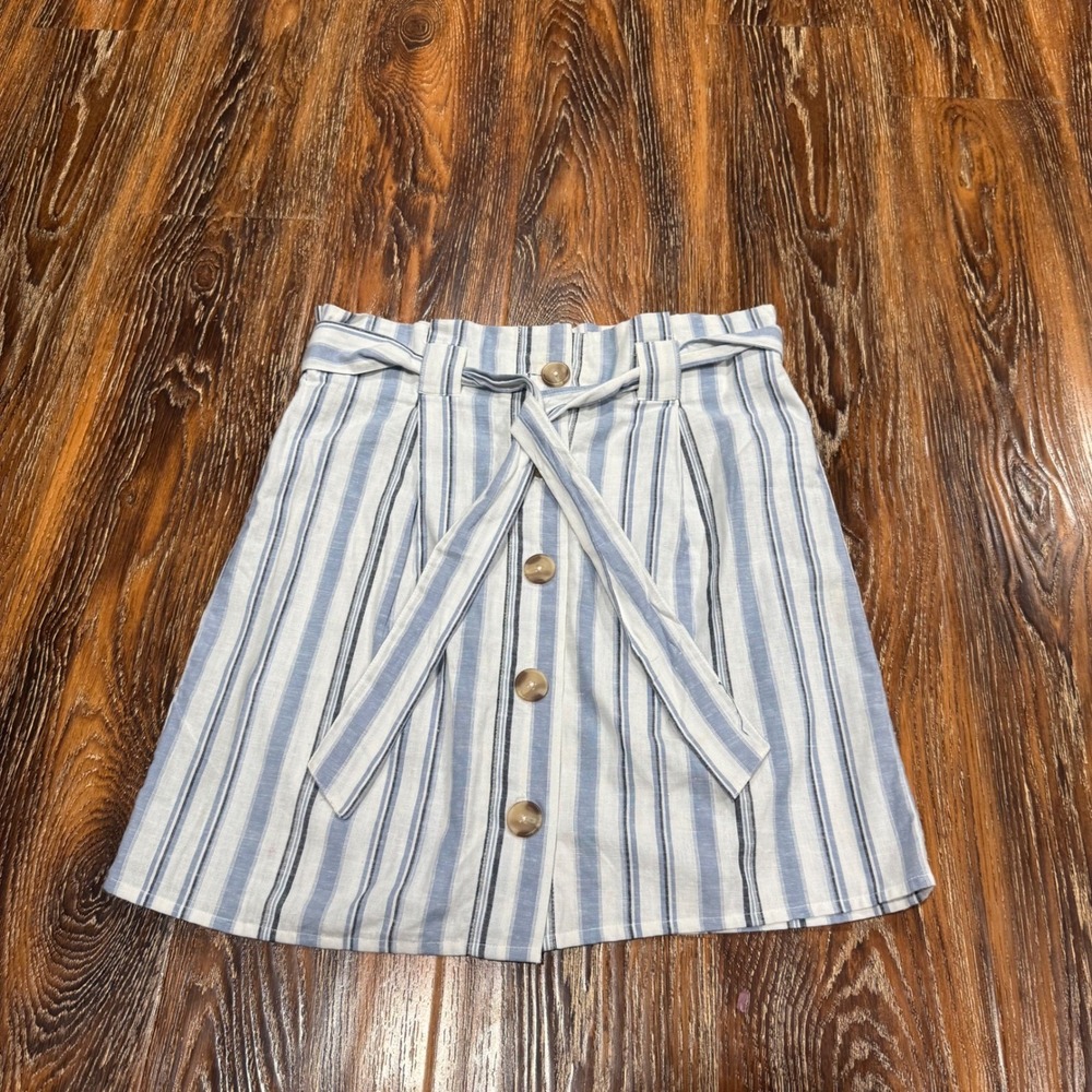 Striped Blue and White Button-Front Tie-Waist Skirt